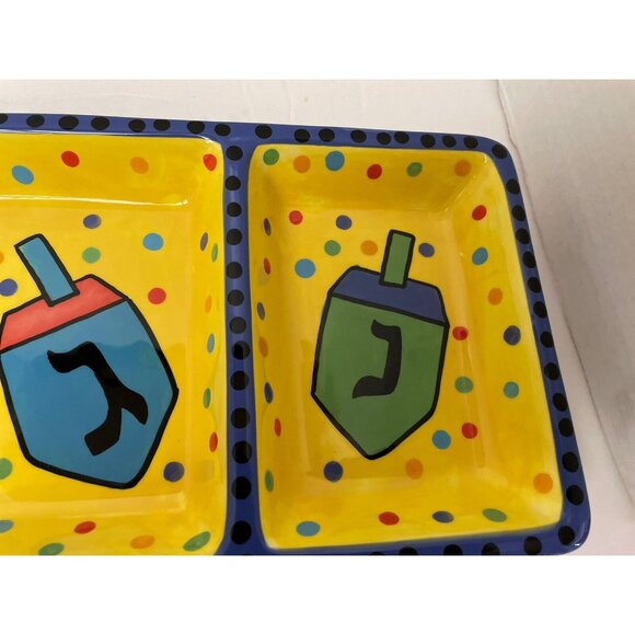 Vizglass Dreidel Divided Serving Jewish Tray Hand-Painted 18" x 6" Themed - Picture 2 of 5